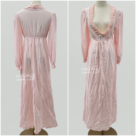 Vintage JC Penney Pink Nightgown w/ Ruffle Trim & Floral Appliqué Union Made - Picture 1 of 8